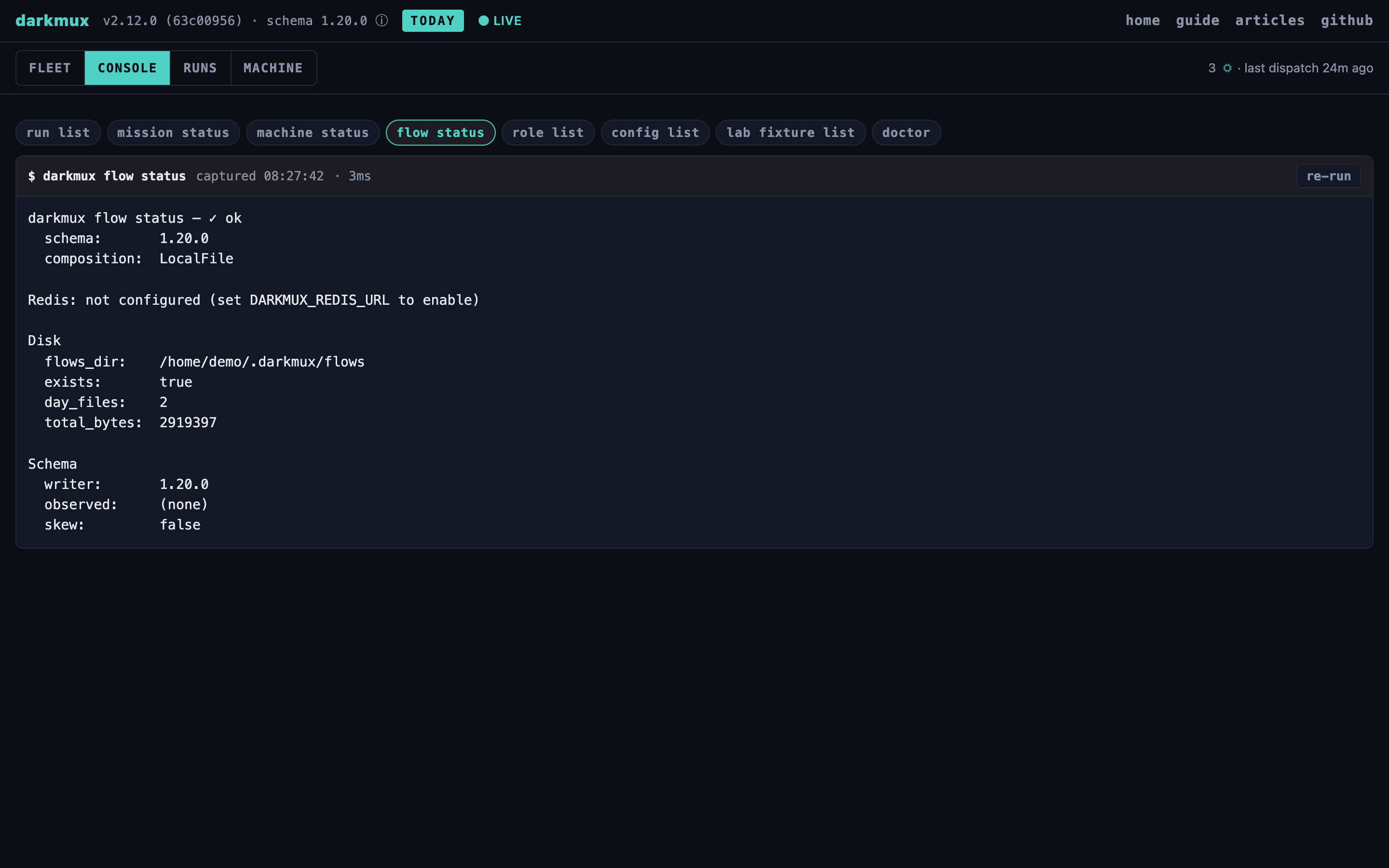 The darkmux console showing flow status: the sink composition, active kinds, and per-day record counts.