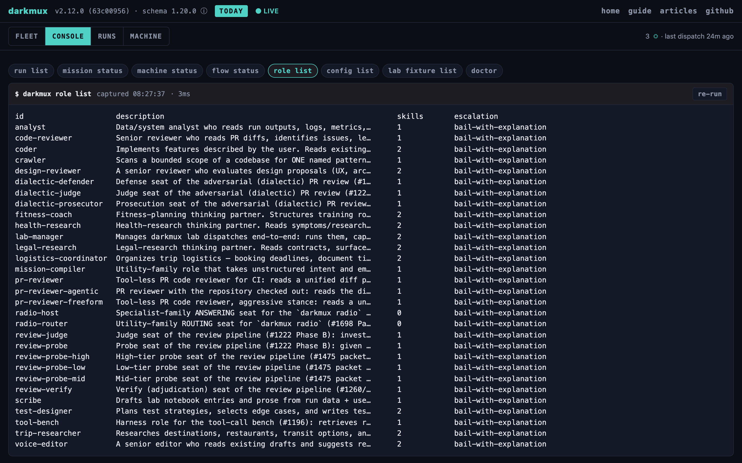 The darkmux console showing the role list: a few dozen roles with descriptions, skill counts and escalation policy, including coder, code-reviewer, crawler, analyst and the review pipeline seats.
