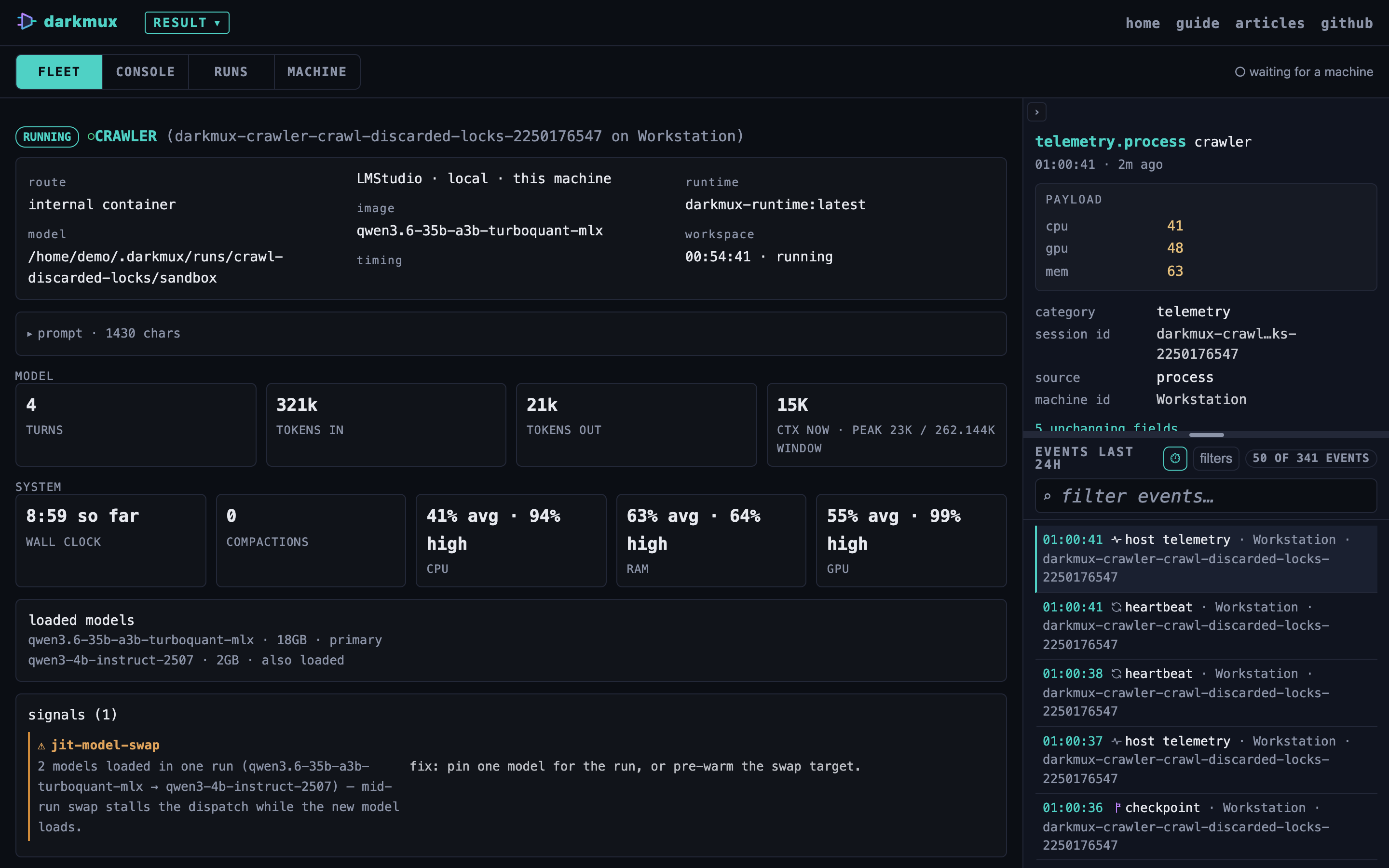 A running dispatch in the run detail view: a RUNNING pill, the route and model, an expandable prompt, MODEL metrics for turns and tokens, and SYSTEM metrics for wall clock, CPU, RAM and GPU peaks.